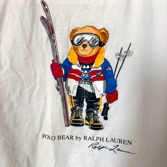 Polo Ralph Lauren White Kids’ T-shirt Size Medium Bear Skiing Winter Holiday - Picture 2 of 11